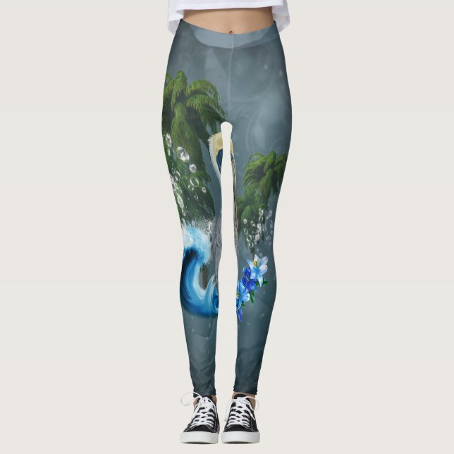 Wonderful pelican with wave and palm trees leggings (Front)