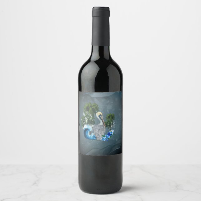 Wonderful pelican with wave and palm trees wine label (Front)