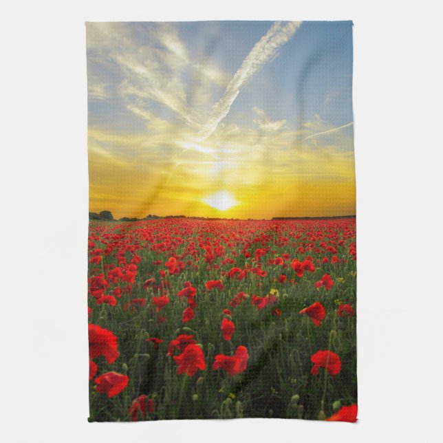 Wonderful Poppy Field Sunset Horizon Tea Towel (Vertical)
