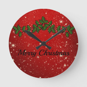 Wonderful Red Sparkly Christmas Compact Mirror Round Clock