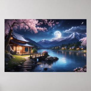 Wonderful Sakura Cherry Blossom view at Night Poster