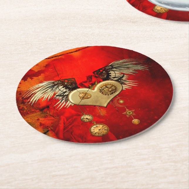 Wonderful steampunk heart round paper coaster (Angled)
