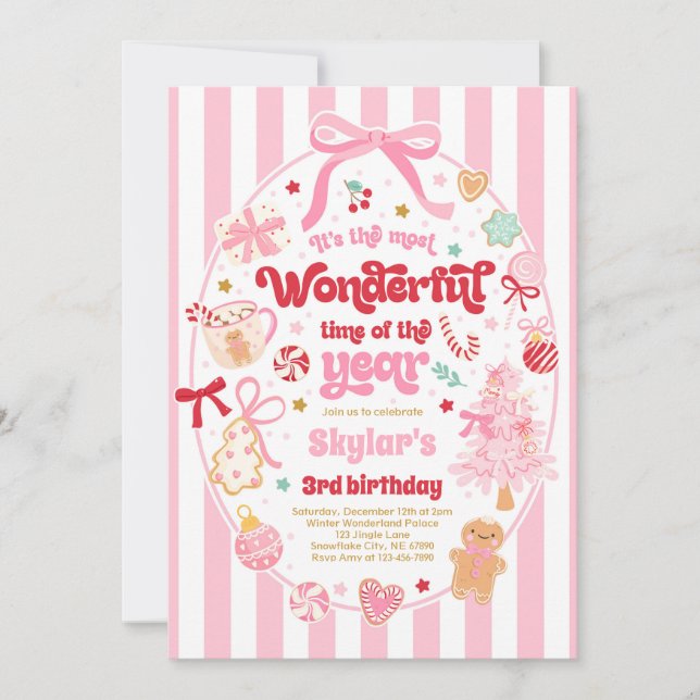 Wonderful Time Of The Year Christmas Bow Birthday Invitation (Front)