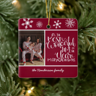 Wonderful Time Of Year Photo Burgundy Snowflake Ceramic Ornament