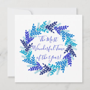 Wonderful Time Year Elegant Blue Christmas Wreath Holiday Card