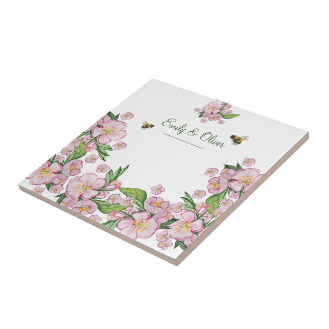 Wonderful watercolor apple tree flowers and bее ceramic tile (Side)