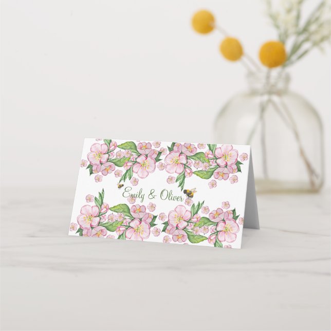 Wonderful watercolor apple tree flowers and bее place card (Front)