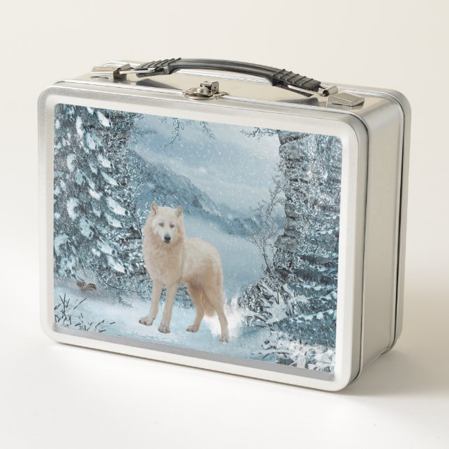 Wonderful white wolf metal lunch box (Front)