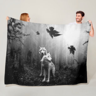 Wonderful Wolves Black and White Leaf Us Alone Fleece Blanket