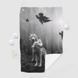 Wonderful Wolves Black and White Leaf Us Alone Golf Towel