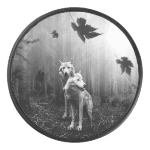 Wonderful Wolves Black and White Leaf Us Alone Hockey Puck