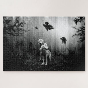 Wonderful Wolves Black and White Leaf Us Alone  Jigsaw Puzzle