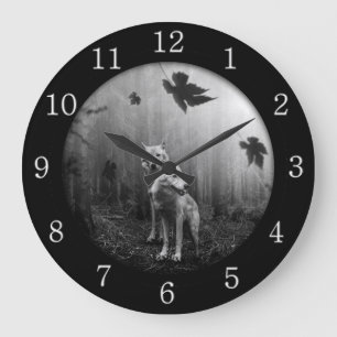 Wonderful Wolves Black and White Leaf Us Alone Large Clock