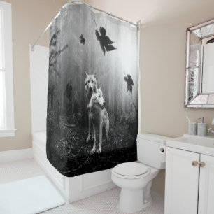 Wonderful Wolves Black and White Leaf Us Alone Shower Curtain
