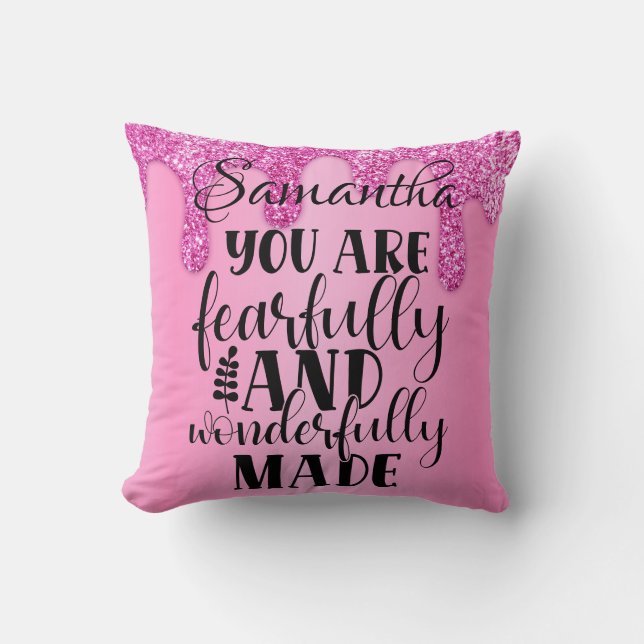 Wonderfully Made Bible Quote Pink Glitter Name Cushion (Front)