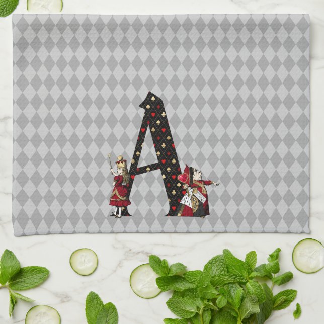 Wonderland Alice & Queen of Hearts Letter A  Tea Towel (Folded)