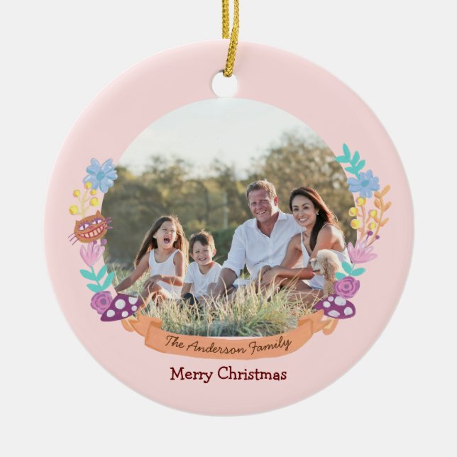  Wonderland Dreamer pink floral wreath photo Ceramic Ornament (Front)