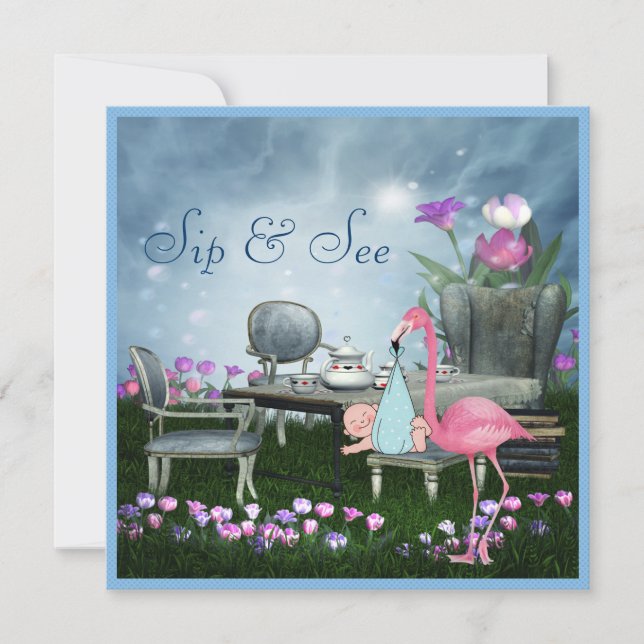 Wonderland Flamingo Sip & See Boy Baby Shower Invitation (Front)