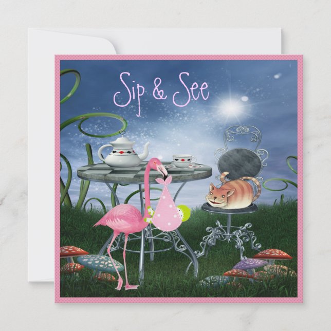 Wonderland Flamingo Sip & See Girl Baby Shower Invitation (Front)