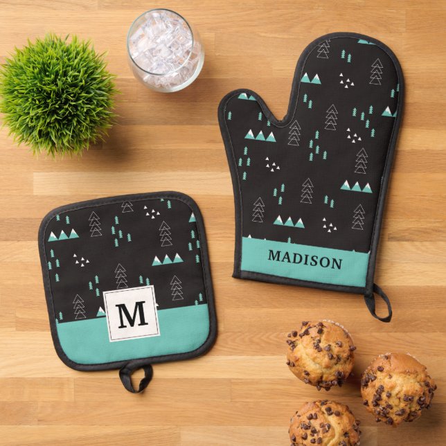 Wonderland Geometric Night Pattern Oven Mitt & Pot Holder Set (Top Down)