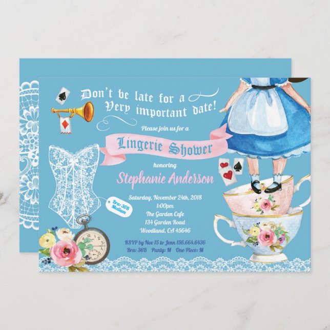 Wonderland lingerie shower bridal shower blue pink invitation (Front/Back)