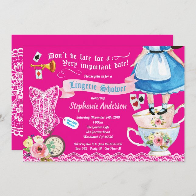 Wonderland lingerie shower bridal shower hot pink invitation (Front/Back)