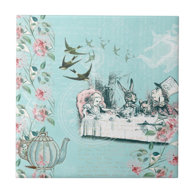 Wonderland Mad Tea Party Aqua Pink Ceramic Tile (Front)