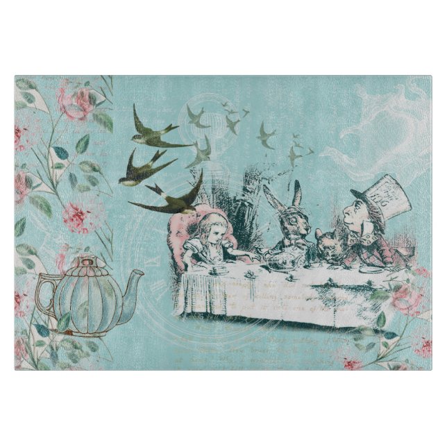 Wonderland Mad Tea Party Aqua Pink Cutting Board (Front)