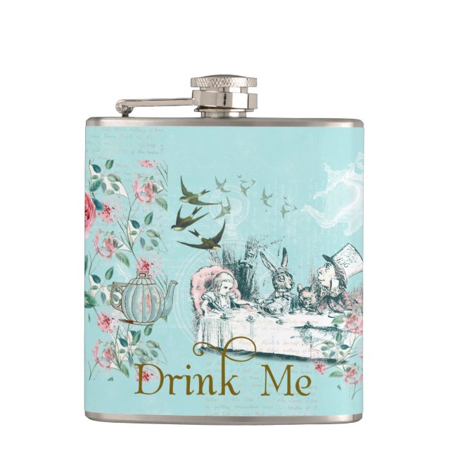 Wonderland Mad Tea Party Aqua Pink Flask (Front)
