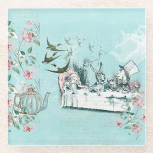 Wonderland Mad Tea Party Aqua Pink Glass Coaster 