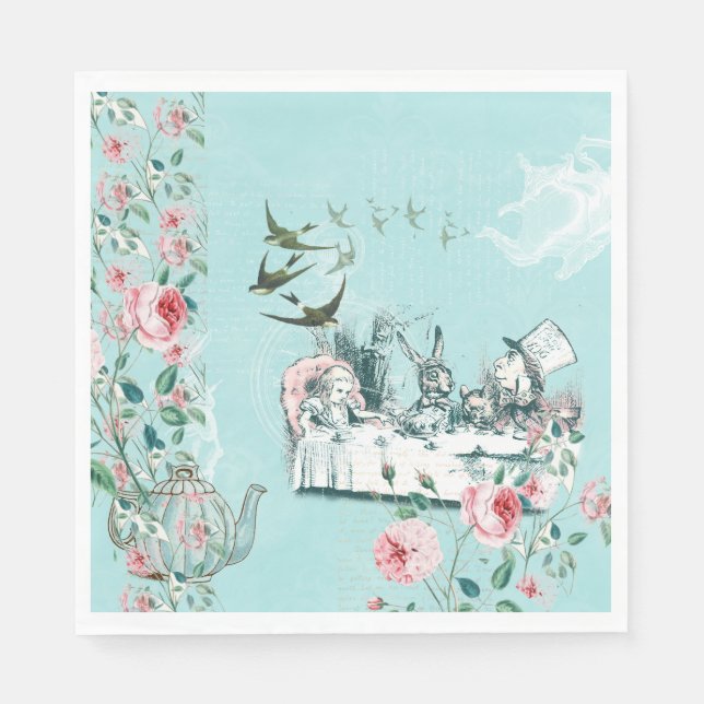 Wonderland Mad Tea Party Aqua Pink Napkin (Front)