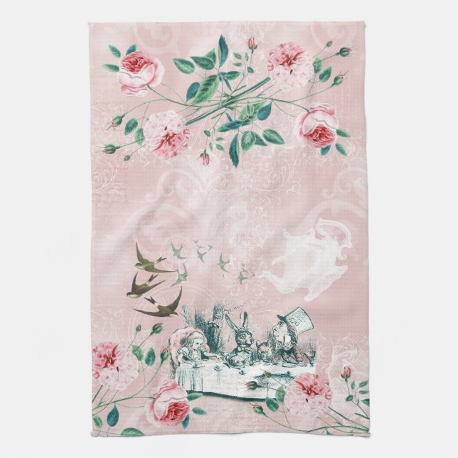 Wonderland Mad Tea Party Pink Green Tea Towel (Vertical)