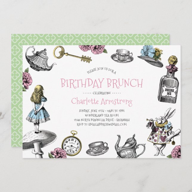 Wonderland Pink and Green Birthday Brunch Invitation (Front/Back)