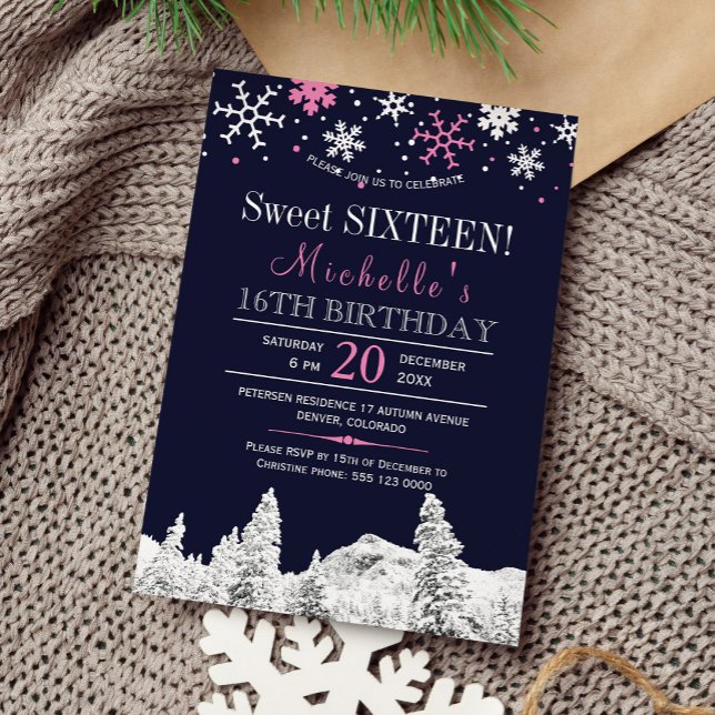 Wonderland snowflakes winter pink sweet sixteen invitation (Creator Uploaded)