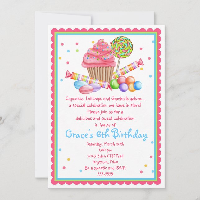 Wonderland Sweet Shop Cupcake Candy invitation (Front)