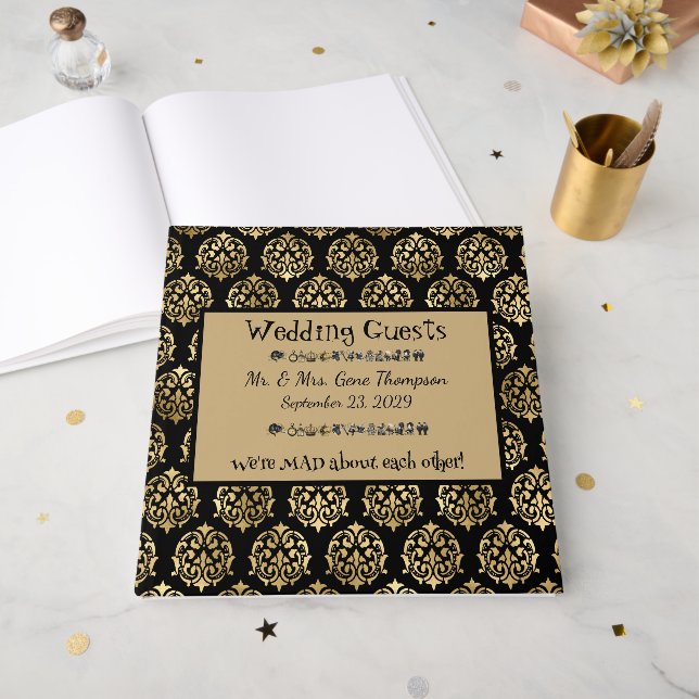 Wonderland Whimsy Black, Gold Wedding Guestbook (Front Open)
