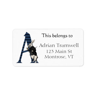 Wonderland White Rabbit Letter A  Bookplate Label