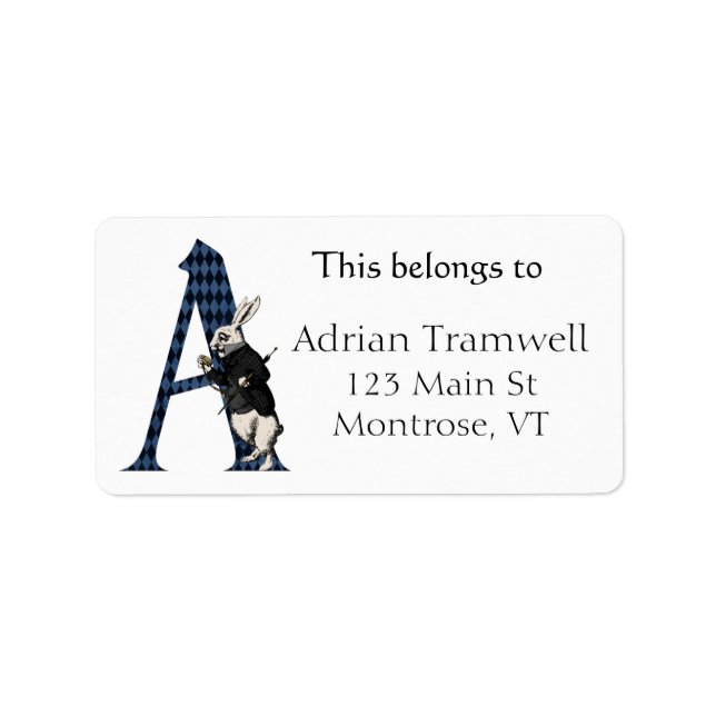 Wonderland White Rabbit Letter A  Bookplate Label (Front)