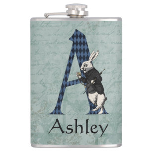 Wonderland White Rabbit Letter A    Hip Flask