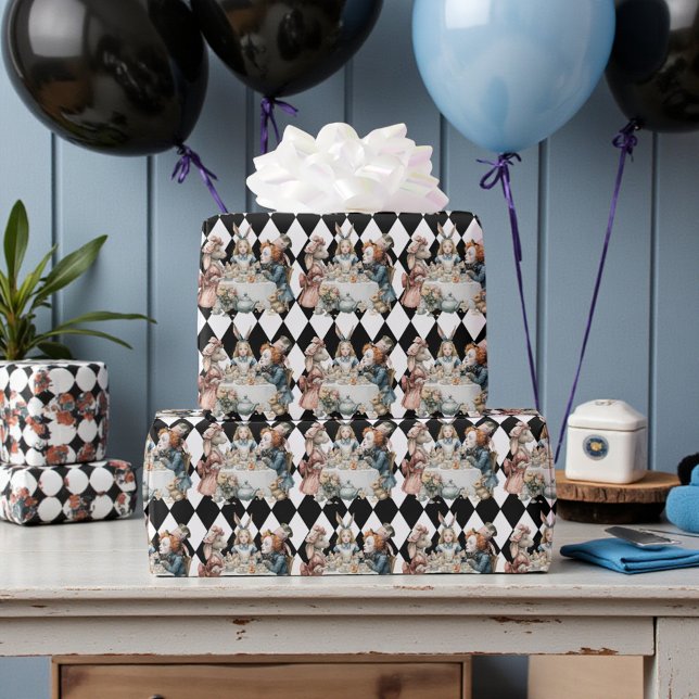 Wonderland with Black White Diamonds Birthday Wrapping Paper (Creator Uploaded)