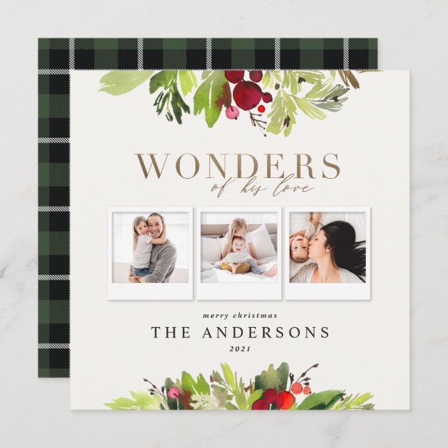 Wonders of his love 3 photo plaid gold foliage holiday card (Front/Back)