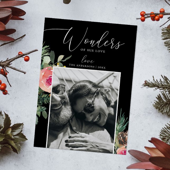 Wonders of His Love | Black Floral Christmas Photo Holiday Card (Creator Uploaded)