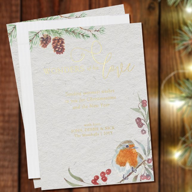 Wonders of his Love Christmas Robin and Pine Gold  Foil Holiday Card (Creator Uploaded)