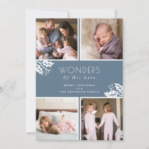 Wonders of his Love Dusty Blue 4 Photo Christmas Holiday Card