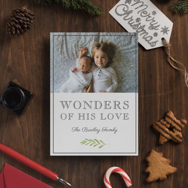 Wonders of His Love | Laurel Leaf Branch Photo Holiday Card (Creator Uploaded)