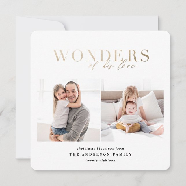 Wonders of his love multi photo gold geometric holiday card (Front)
