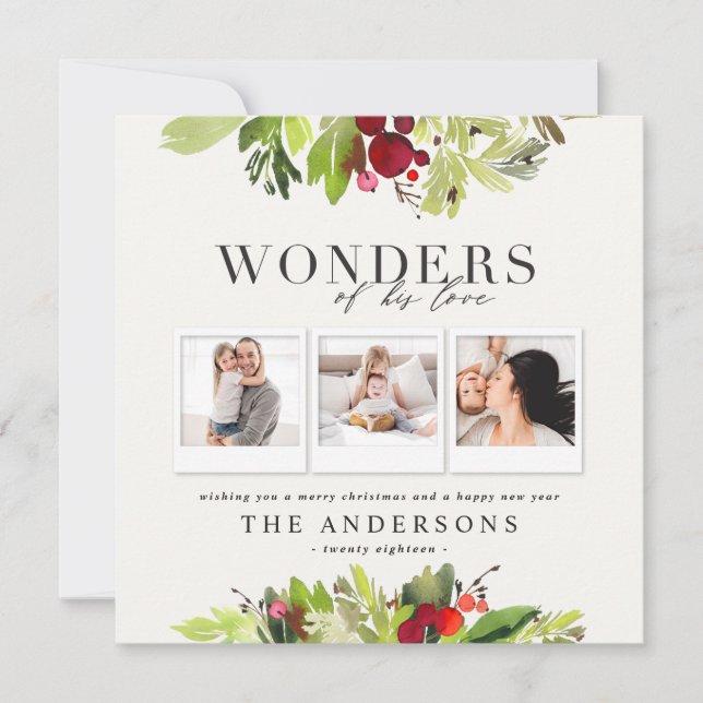 Wonders of his love multi photo plaid and foliage holiday card (Front)