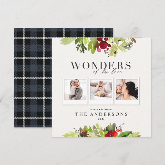 Wonders of his love multi photo plaid and foliage holiday card (Front/Back)