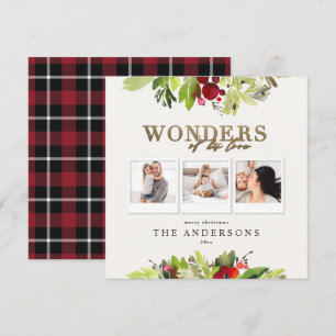 Wonders of his love multi photo plaid gold foliage holiday card