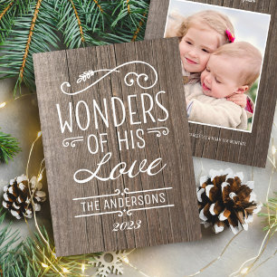 Wonders of His Love Rustic Wood Christmas Photo Holiday Card